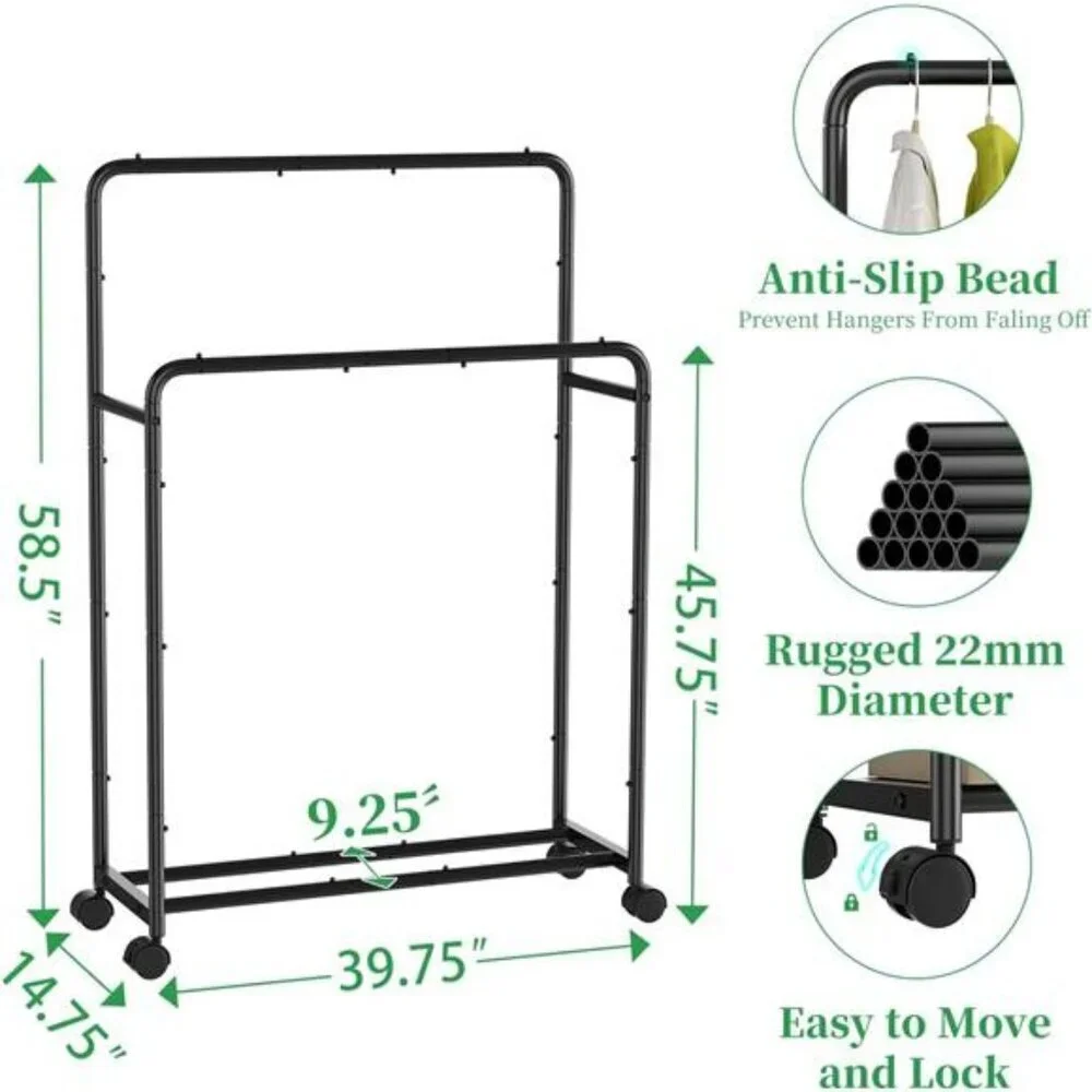 Rolling Clothes Rack Double Rod Garment Rack with Wheels Metal Black - Picture 5 of 7